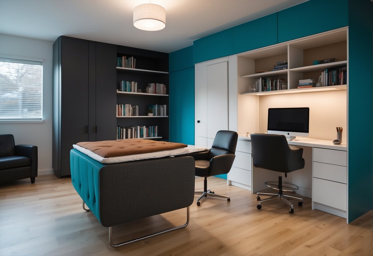 A small room with convertible furniture: a murphy bed, fold-out desk, and storage ottoman. Bright colors and clean lines