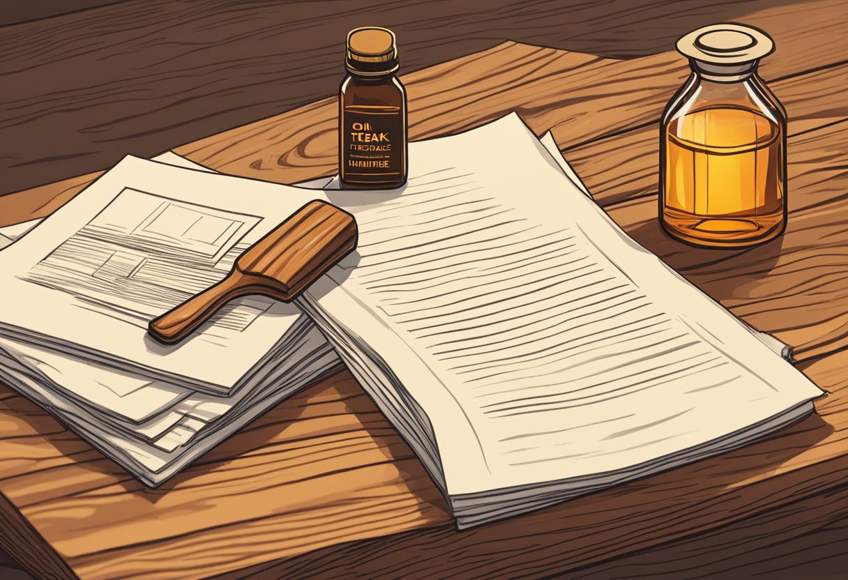A bottle of teak furniture oil sits on a wooden table, surrounded by a stack of FAQ sheets. The warm glow of the oil catches the light, creating a sense of comfort and reliability
