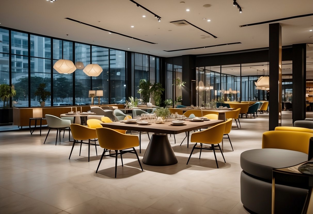 A spacious showroom with modern furniture displayed in Novena Square. Bright lighting highlights the sleek designs and vibrant colors of the dining collection