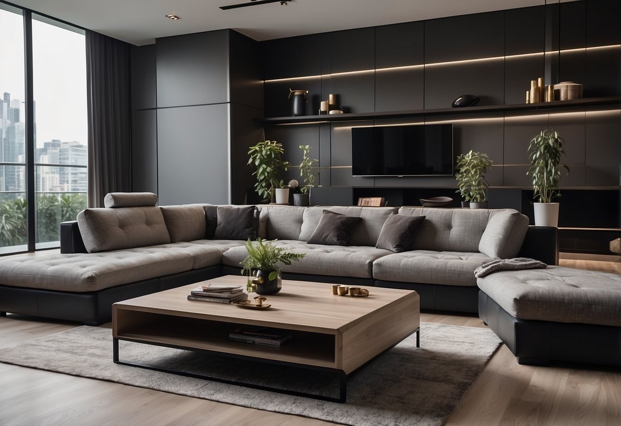 A modern living room with Novena Square furniture, featuring a sleek sofa, coffee table, and entertainment center