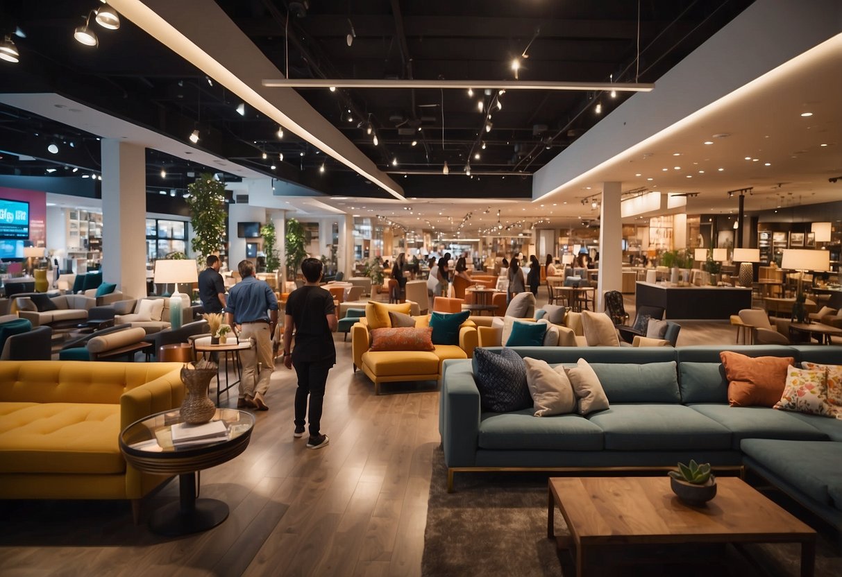 A crowded furniture store with customers browsing and staff assisting. Bright lighting and colorful displays. Signs with "Frequently Asked Questions" and "Novena Square Furniture" prominently displayed