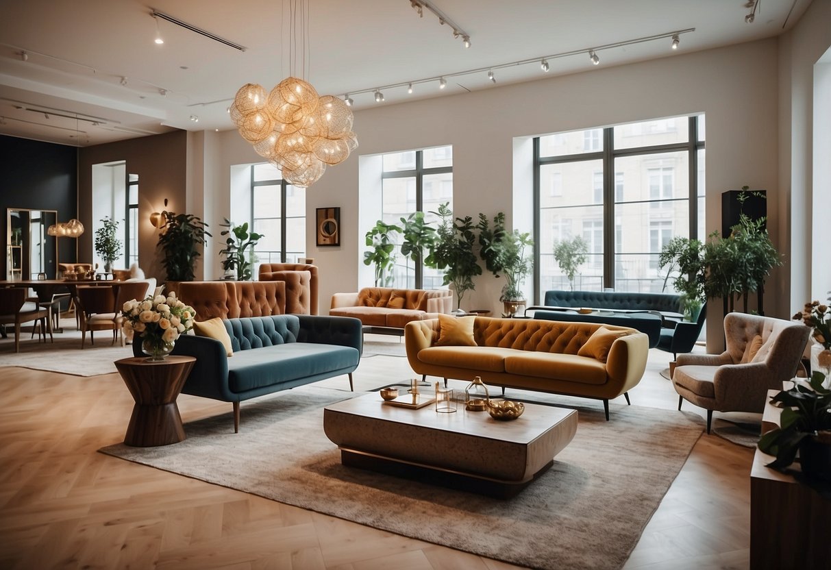 A spacious showroom filled with elegant Versmissen furniture and decor, bathed in natural light. Rich textures and bold colors create an inviting atmosphere