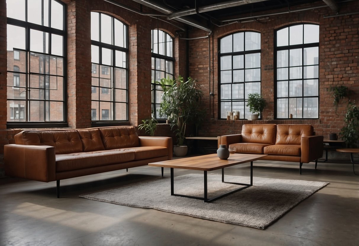 A spacious loft with modern furniture, including a sleek sofa, a stylish coffee table, and a minimalist bookshelf against a backdrop of exposed brick walls and large industrial windows