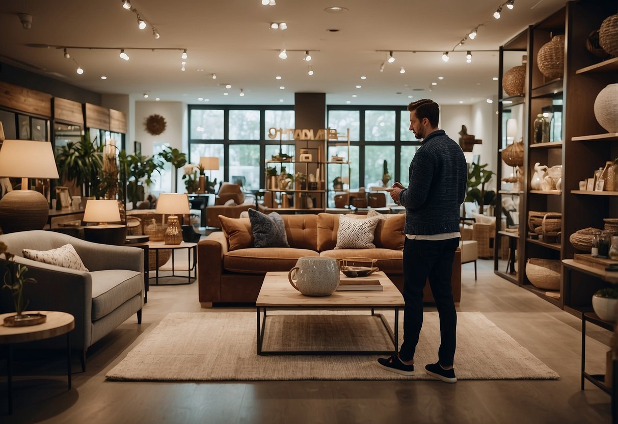 A customer browsing through a showroom filled with stylish furniture and decorative items, with a sign reading "Frequently Asked Questions versmissen furniture & decoration" displayed prominently