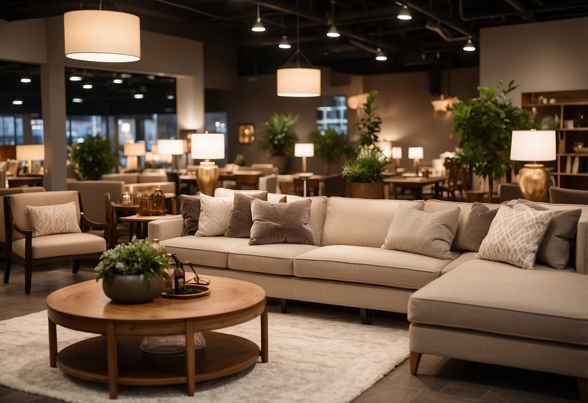 A cozy furniture store with modern designs and warm lighting. Displayed items include sofas, tables, and chairs. Wood accents and neutral colors create a welcoming atmosphere