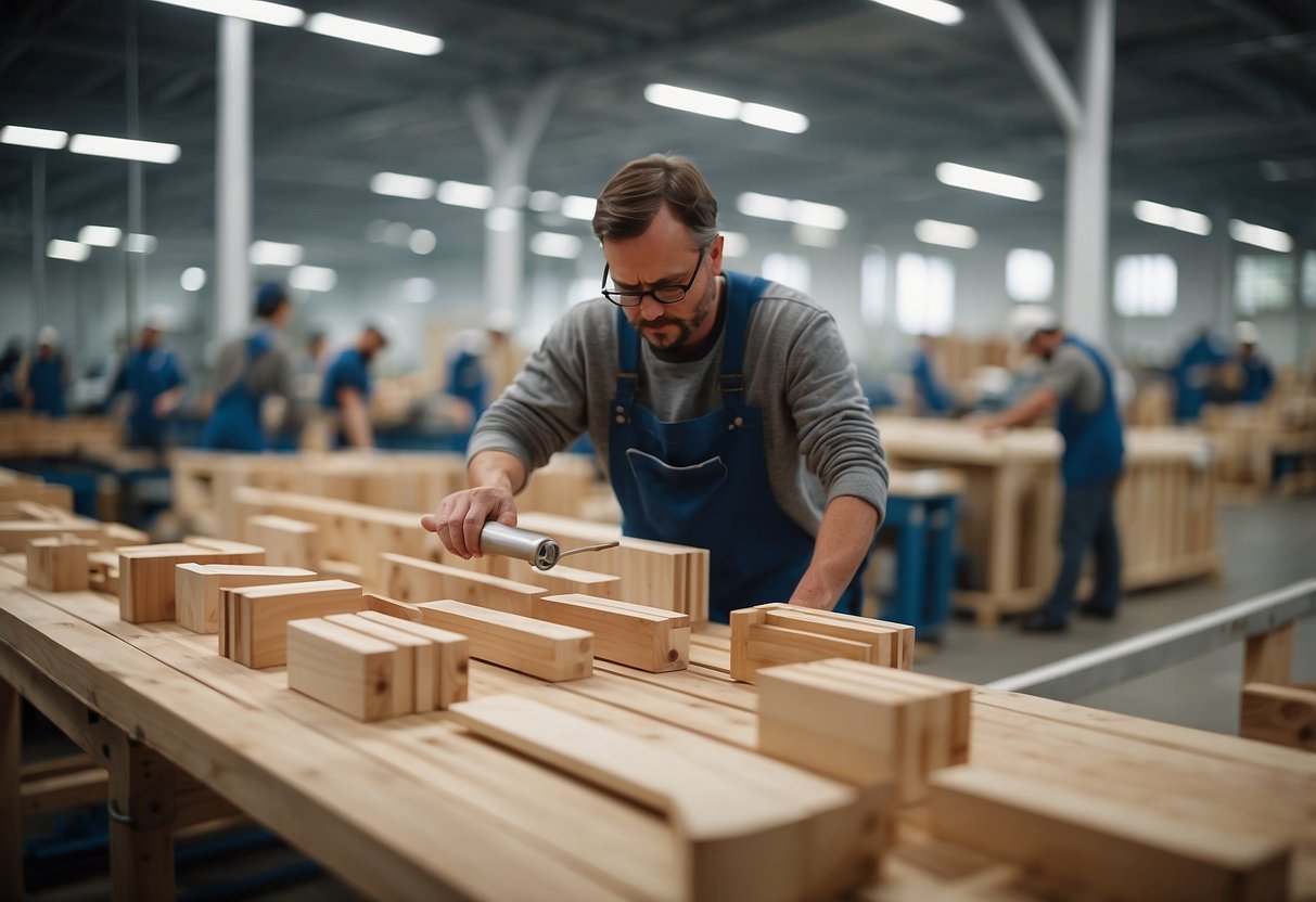 A bustling workshop with workers assembling wooden furniture pieces in a spacious, well-lit factory setting