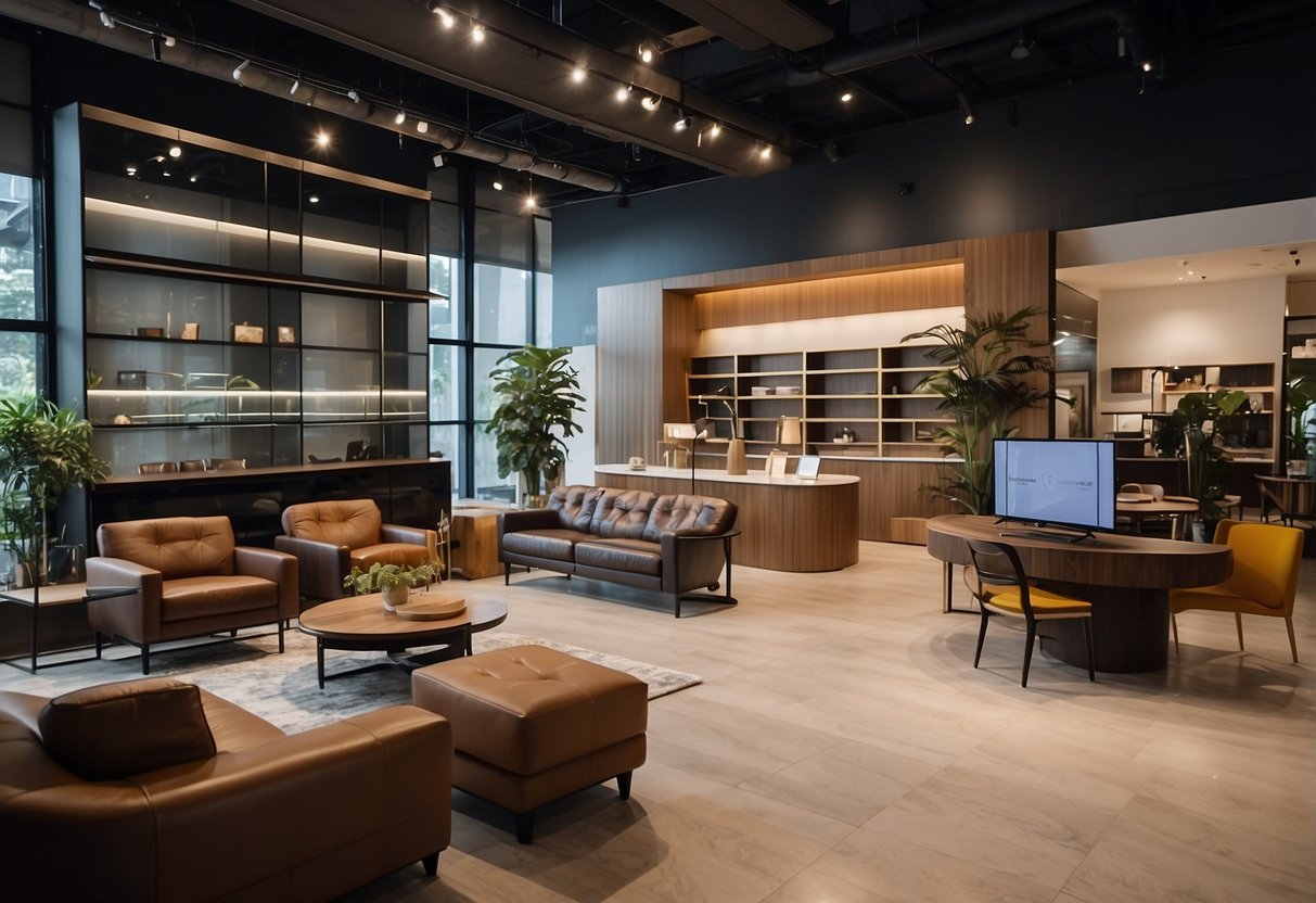 A showroom with modern furniture displays and a customer service desk at Poh Sin Furniture Co