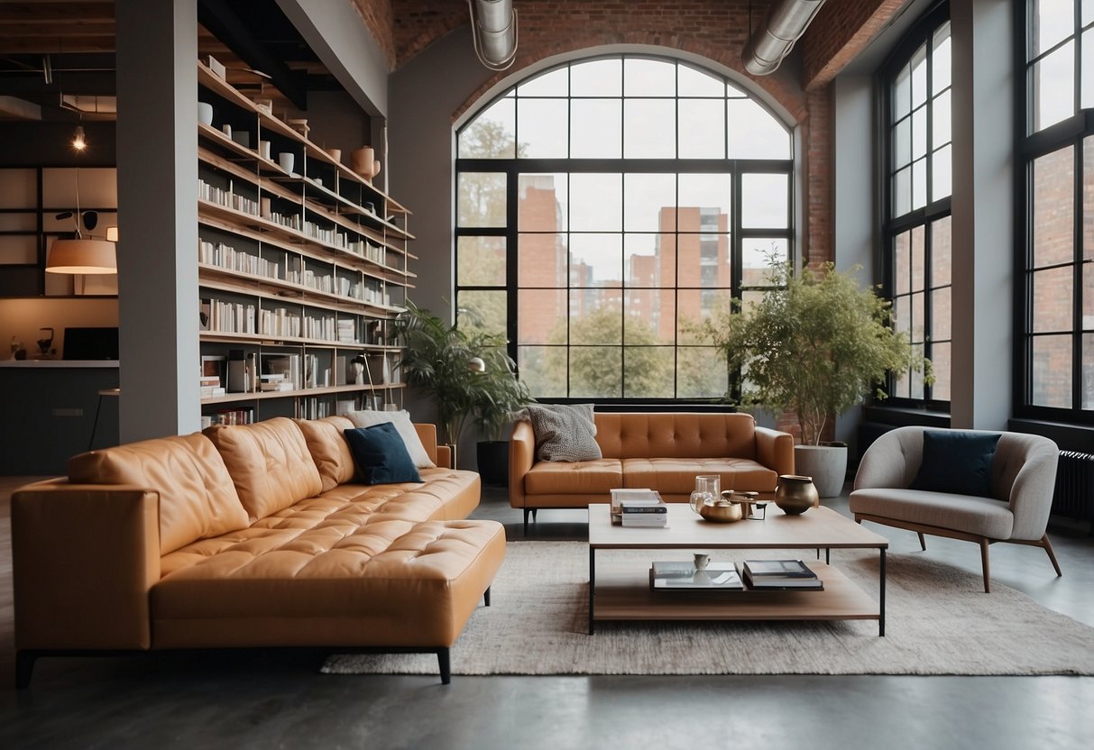 The loft is furnished with modern, minimalist furniture. A sleek sofa, a glass coffee table, and a contemporary bookshelf complete the space