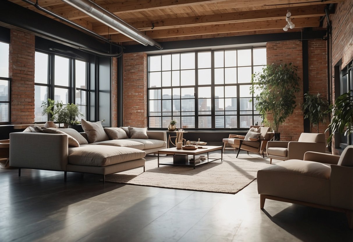 A modern loft with sleek furniture arranged in an open layout. Clean lines and neutral colors create a minimalist yet inviting atmosphere
