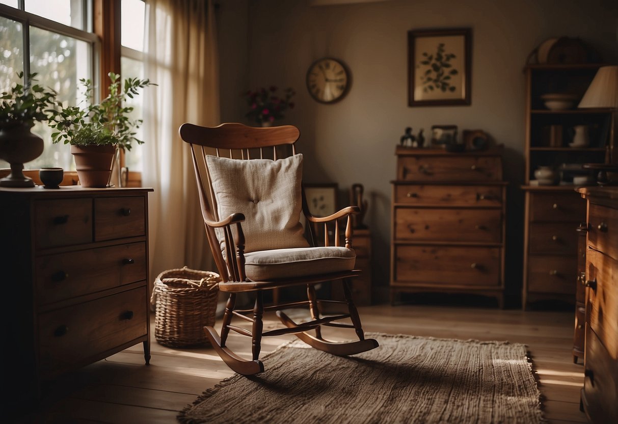 A cozy room with vintage wood furniture, including a sturdy table and chairs, a classic dresser, and a timeless rocking chair