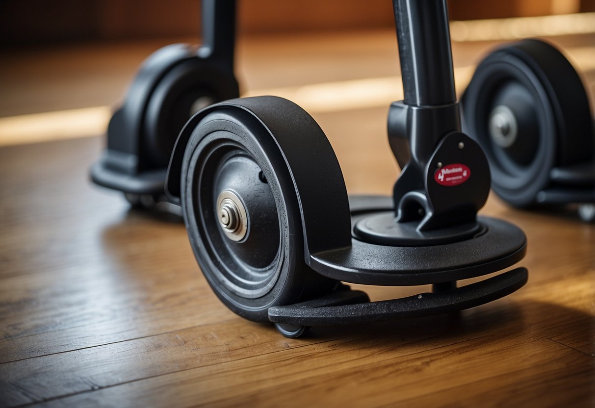 The caster wheels on a wooden chair roll smoothly on a hardwood floor, leaving faint trails in the dust