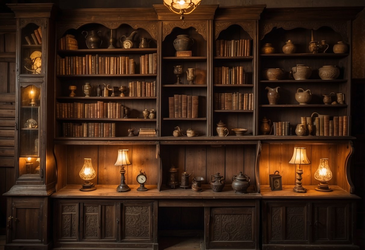 A cozy, dimly lit room with shelves adorned with aged, weathered wood furniture. The warm glow of antique lamps highlights the intricate carvings and rich patina of the vintage pieces
