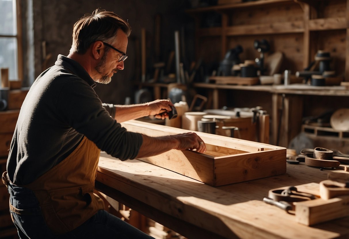 A person carefully sanding and polishing a beautiful vintage wood dresser in a well-lit workshop, surrounded by various tools and finishing products