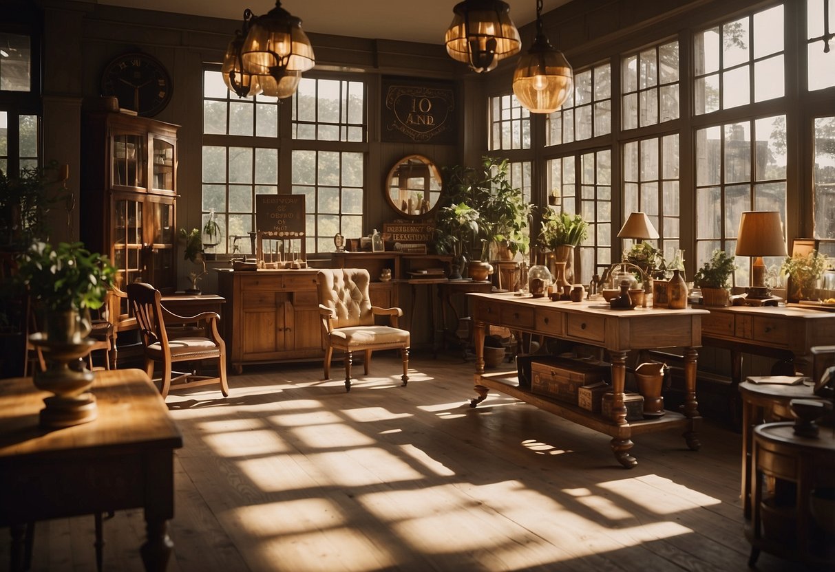 A vintage wood furniture shop with various pieces displayed, a sign reading "Frequently Asked Questions" visible. Sunlight streams through the windows, casting warm shadows on the polished surfaces