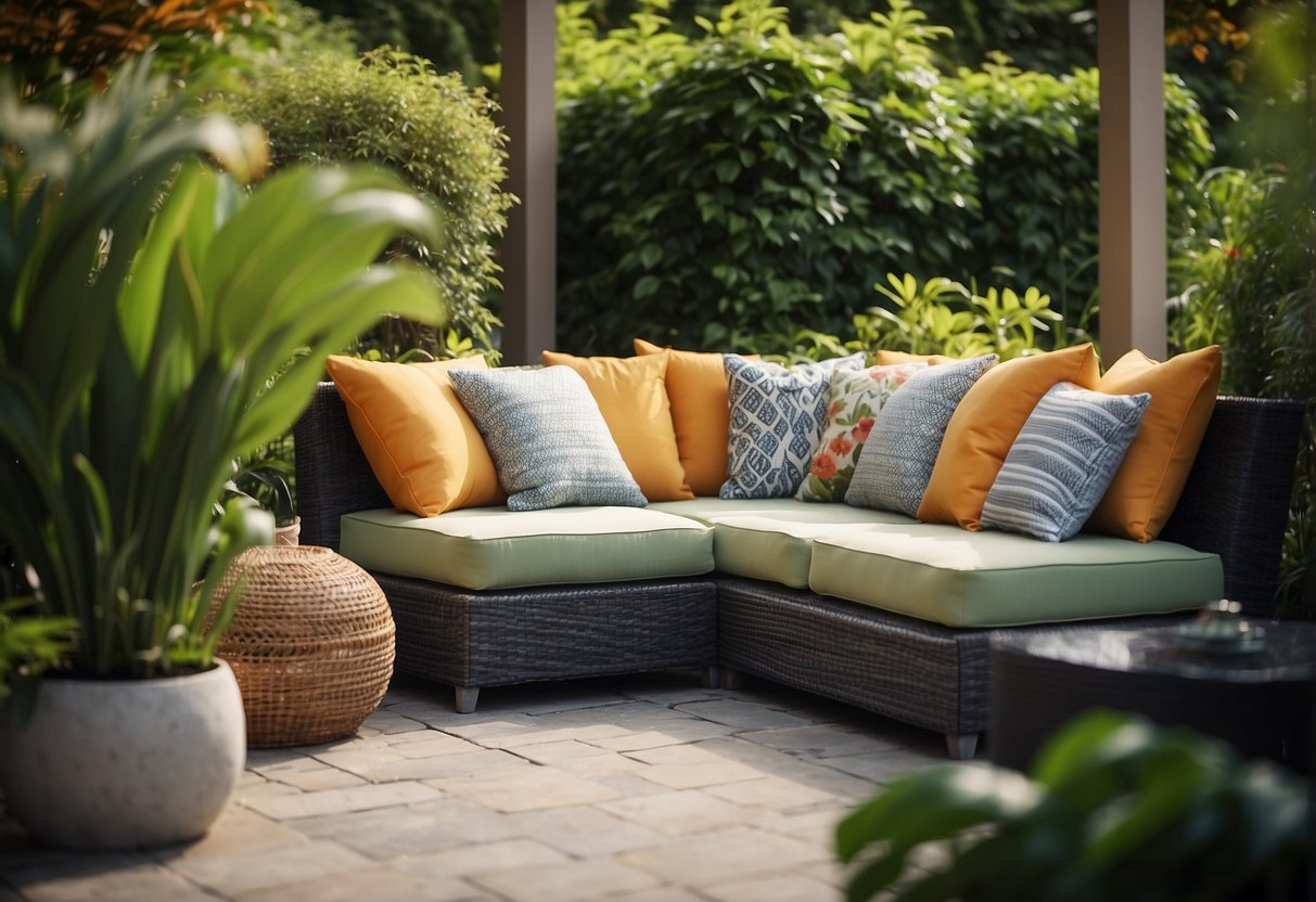 A cozy outdoor patio with synthetic rattan furniture arranged in a comfortable seating area, surrounded by lush green plants and colorful cushions