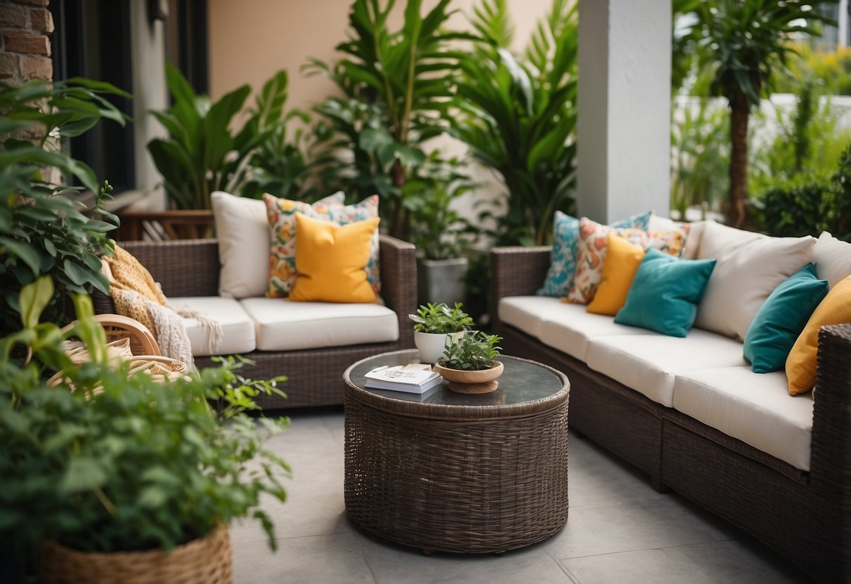 A cozy outdoor patio with a synthetic rattan sofa set, surrounded by lush green plants and colorful throw pillows