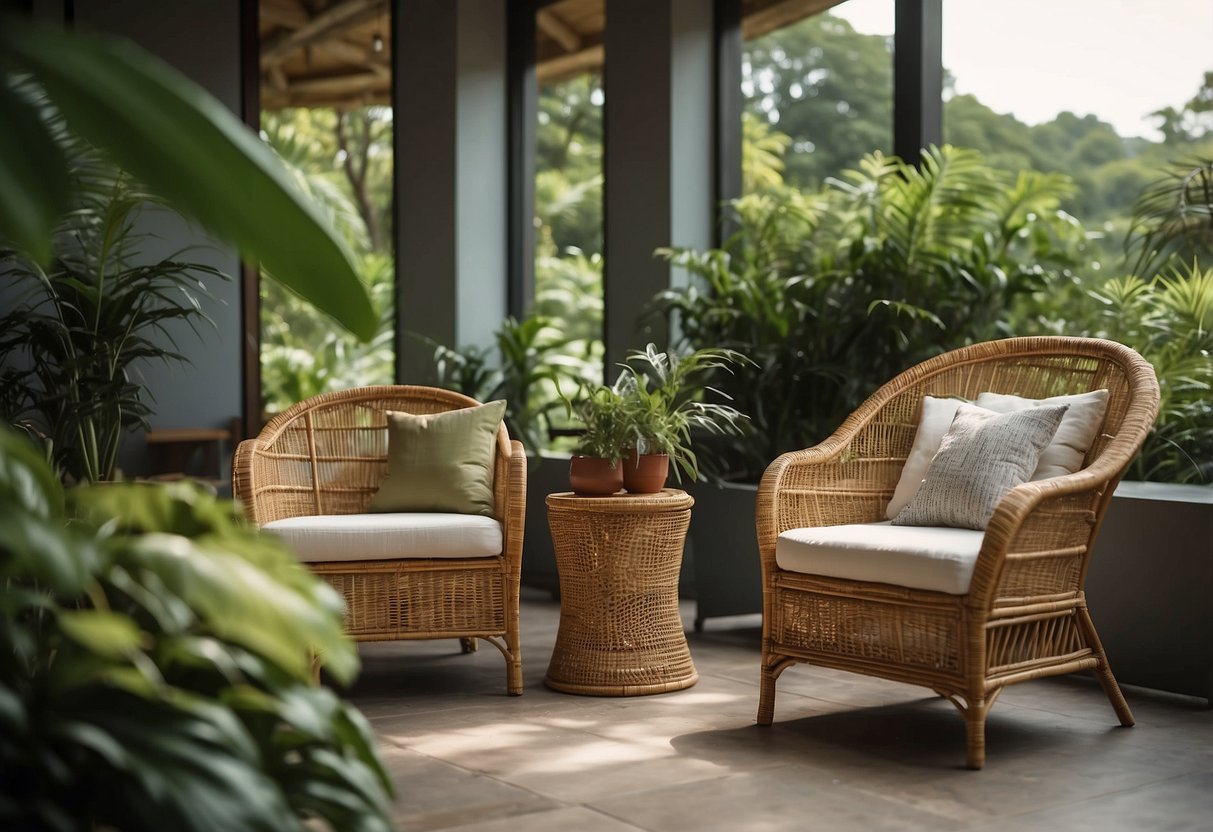 A hand reaches for a synthetic rattan chair, surrounded by matching tables and accessories, set against a backdrop of lush greenery and natural light