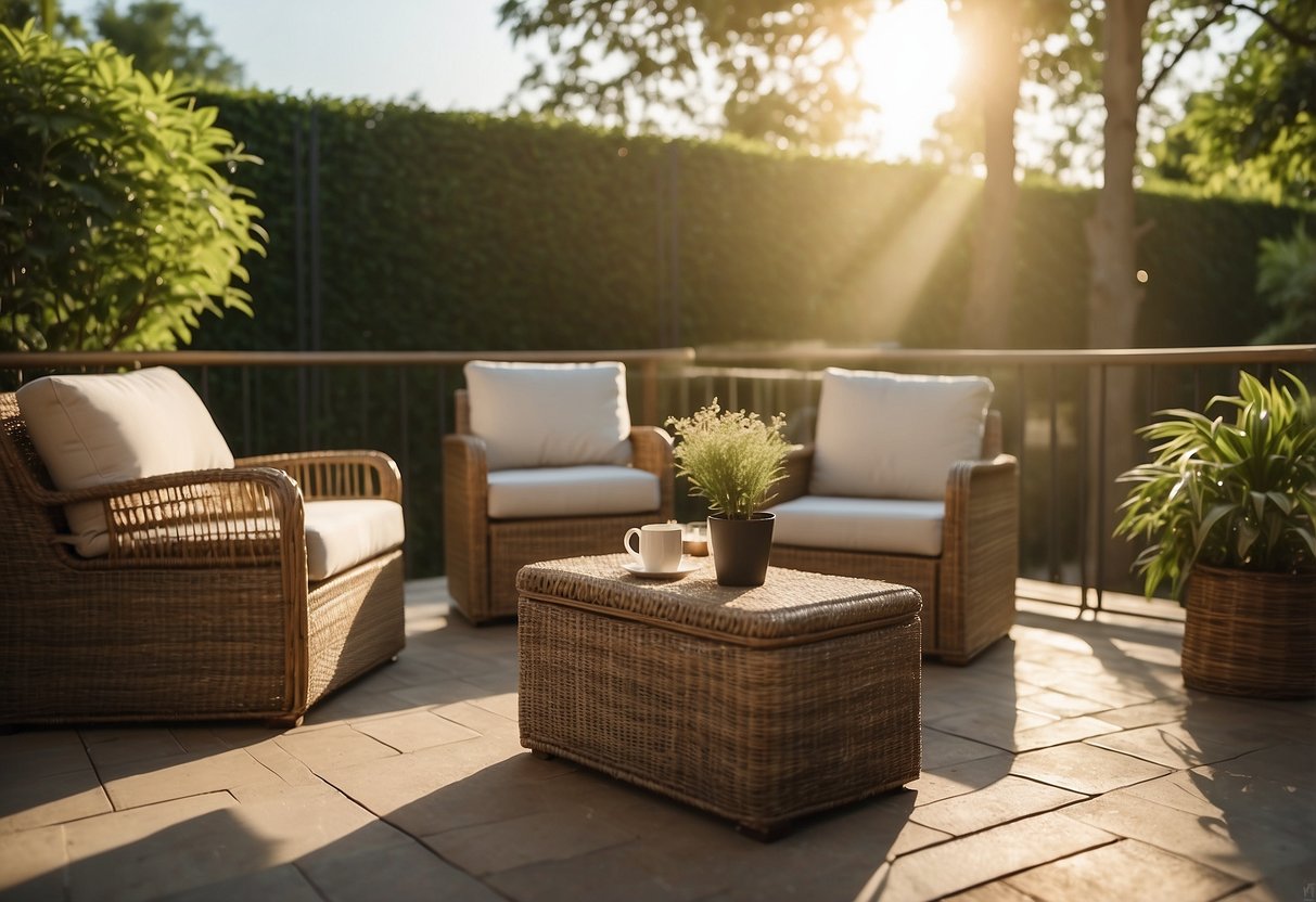 A cozy outdoor setting with a synthetic rattan furniture set, surrounded by lush greenery and bathed in warm sunlight