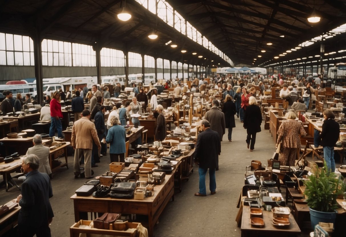 A bustling flea market with rows of tables displaying secondhand furniture, shoppers browsing and haggling with sellers