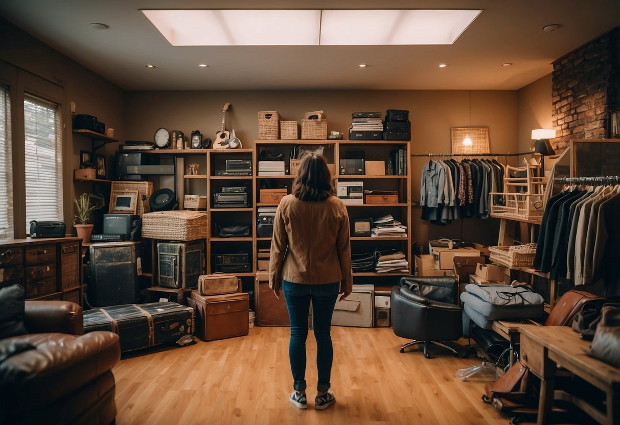 A person stands in a room surrounded by various options for selling used furniture, including online platforms, consignment shops, and yard sales