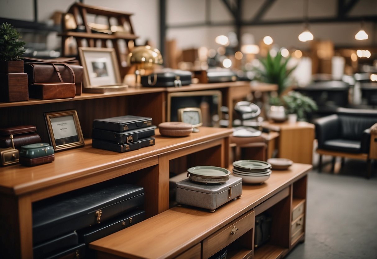 Furniture arranged neatly, cleaned and polished. Online marketplace or garage sale signs visible