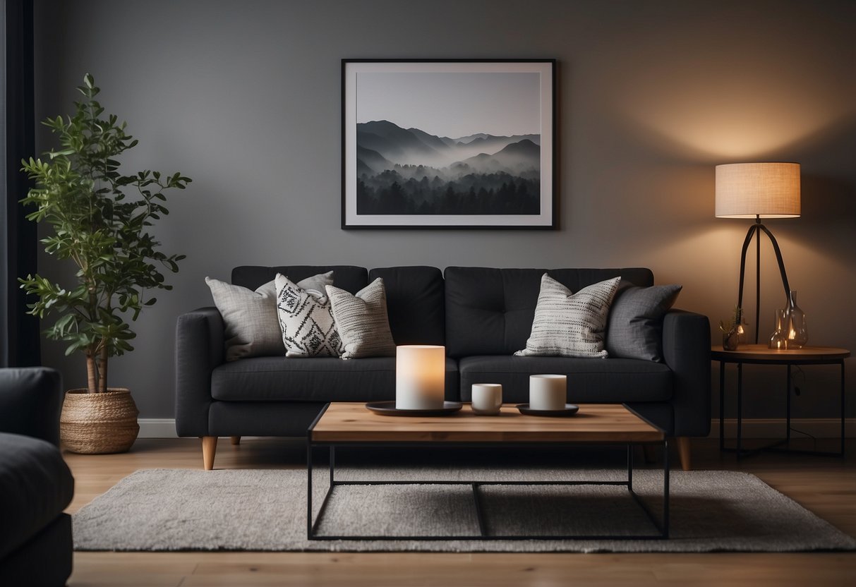 A cozy living room with black furniture against a soft gray wall, adorned with warm-toned throw pillows and a floor lamp casting a soft glow
