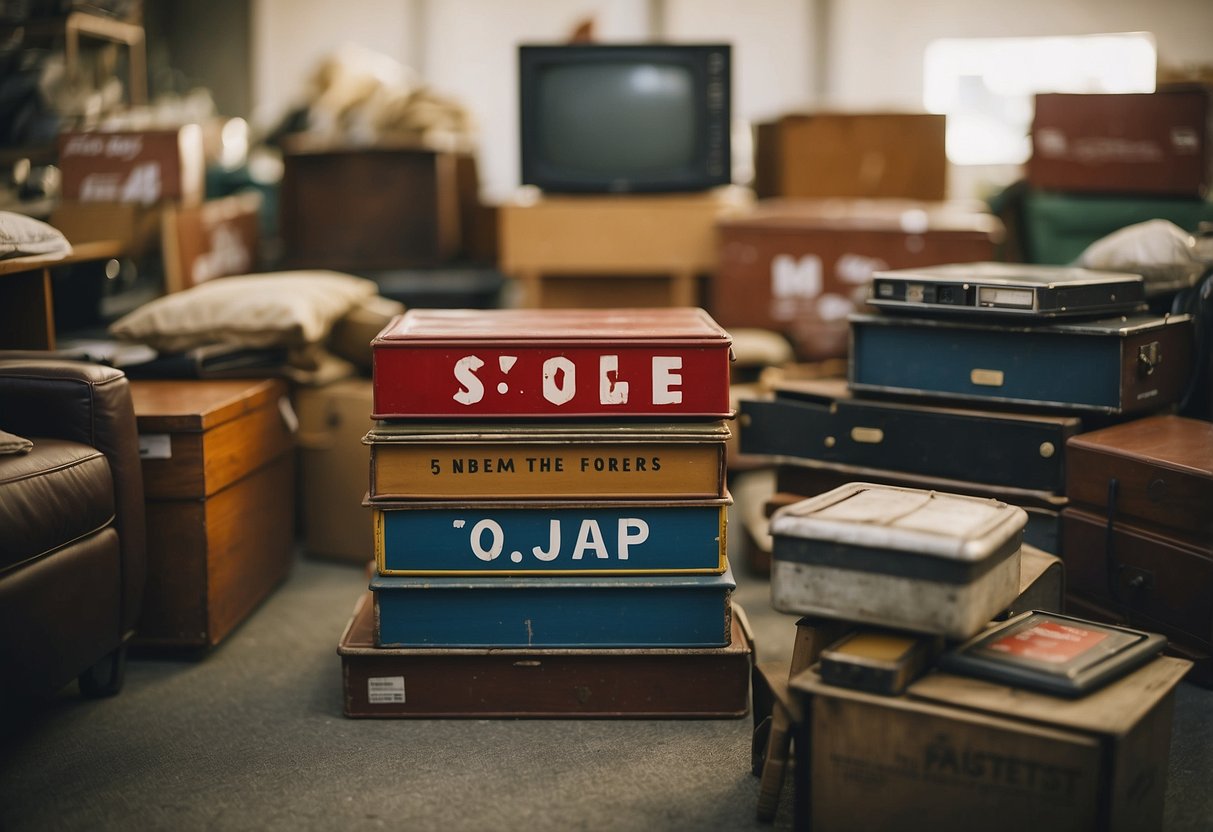 A stack of used furniture with a "For Sale" sign, surrounded by curious potential buyers and sellers