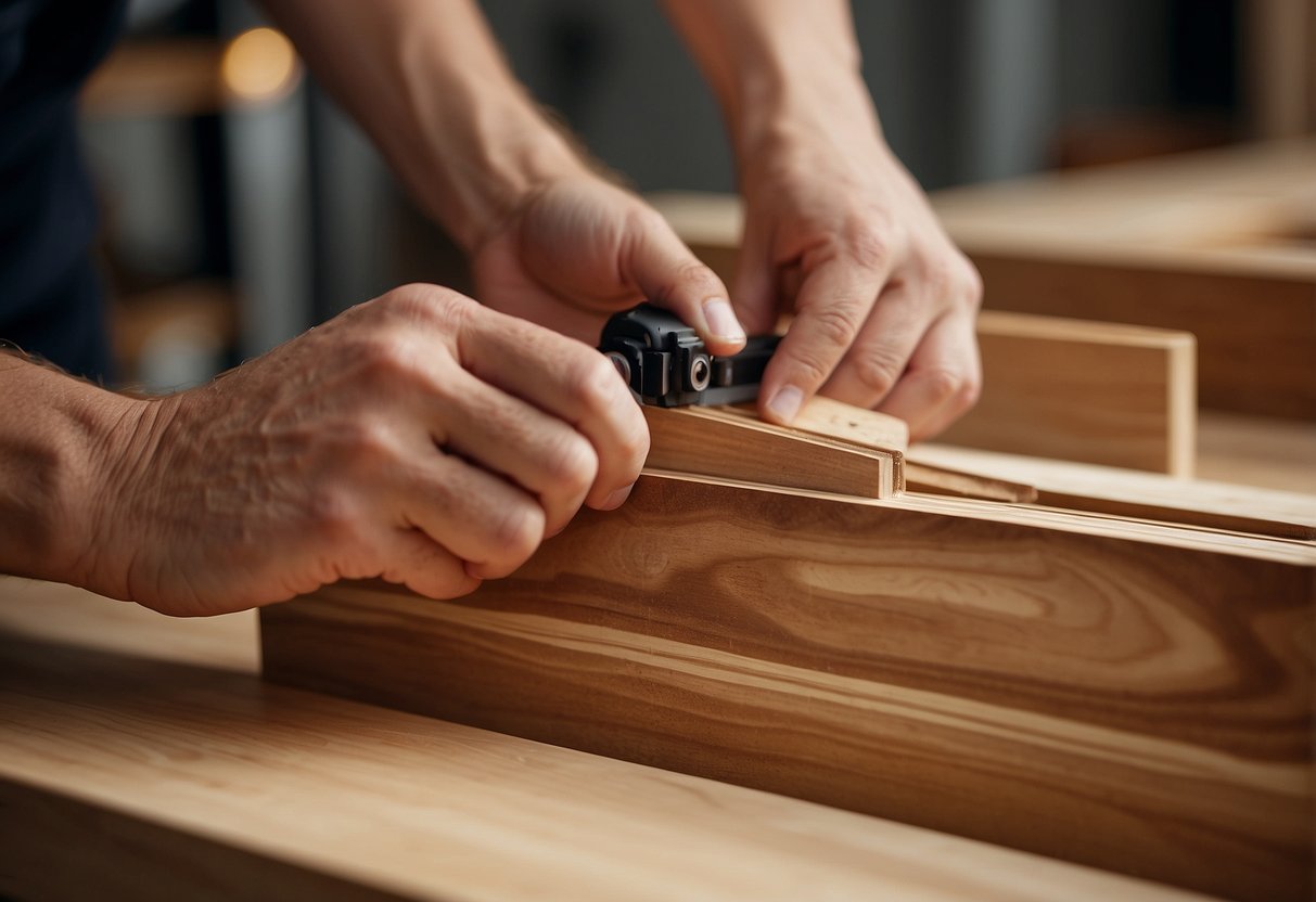 A person is carefully applying new veneer to a wooden piece of furniture, smoothing out any air bubbles and ensuring a seamless finish