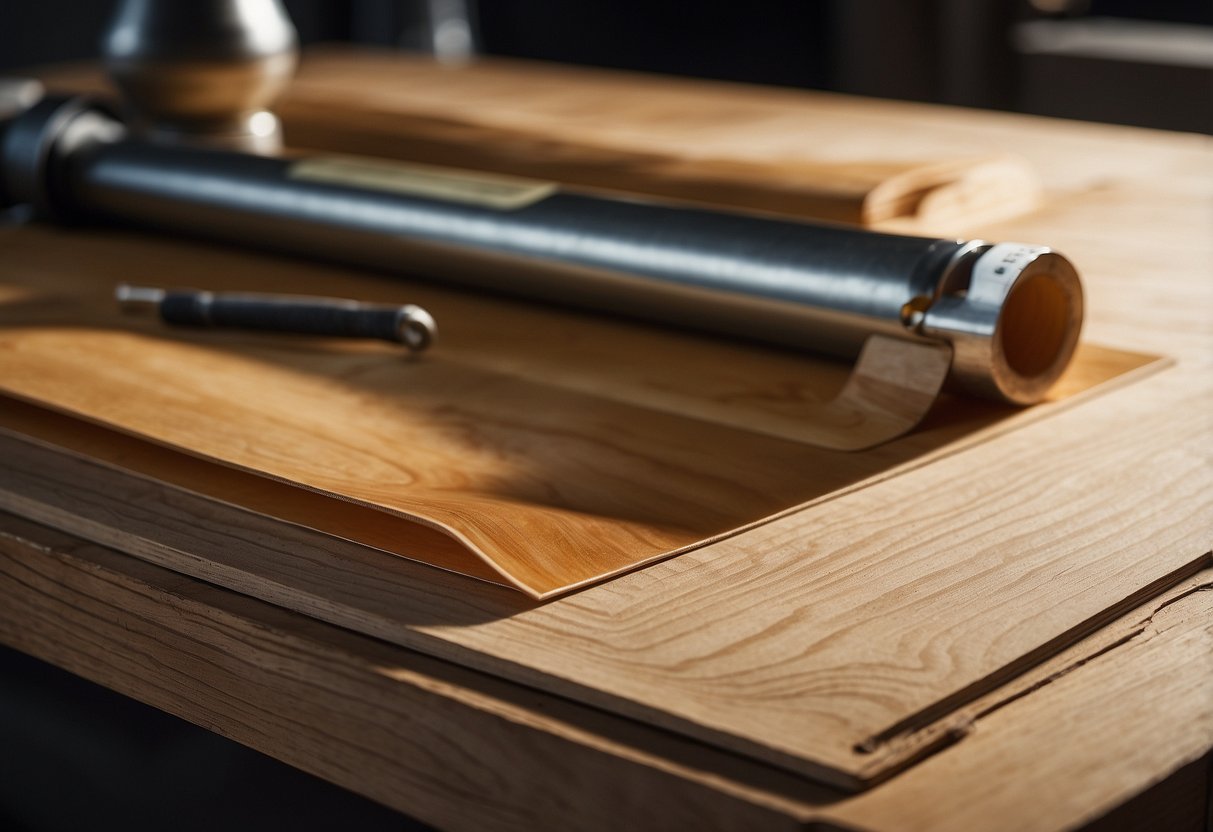A table with peeling veneer, a stack of replacement veneer sheets, a bottle of wood glue, sandpaper, and a clamp