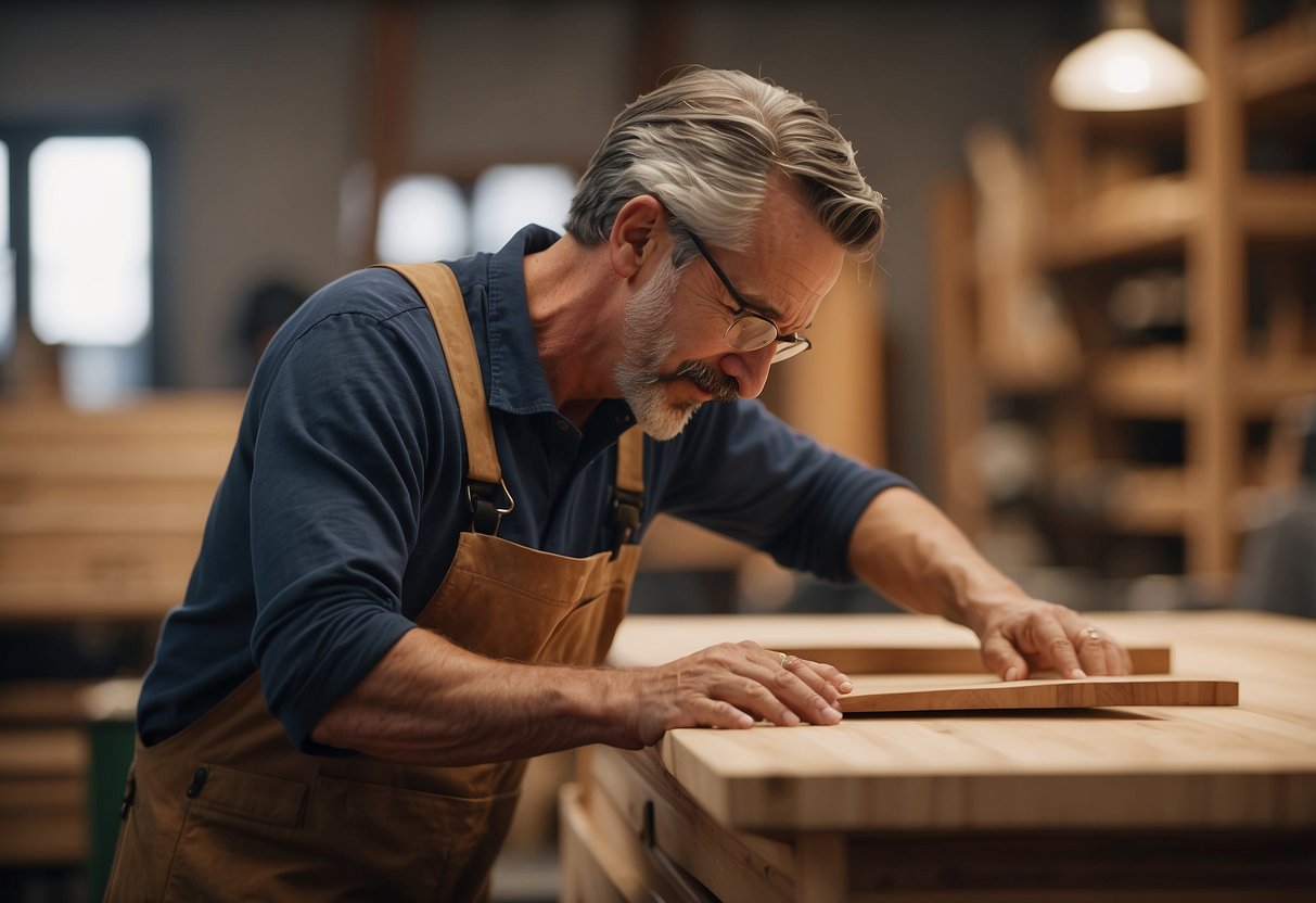 A craftsman carefully applies new veneer to a wooden furniture piece, smoothing out any imperfections and adding the finishing touches