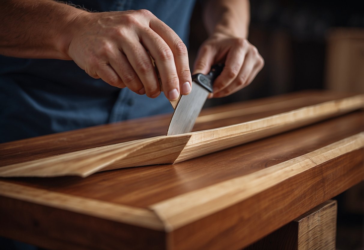 A person carefully removing old veneer from a wooden furniture piece using a scraper and applying new veneer with adhesive