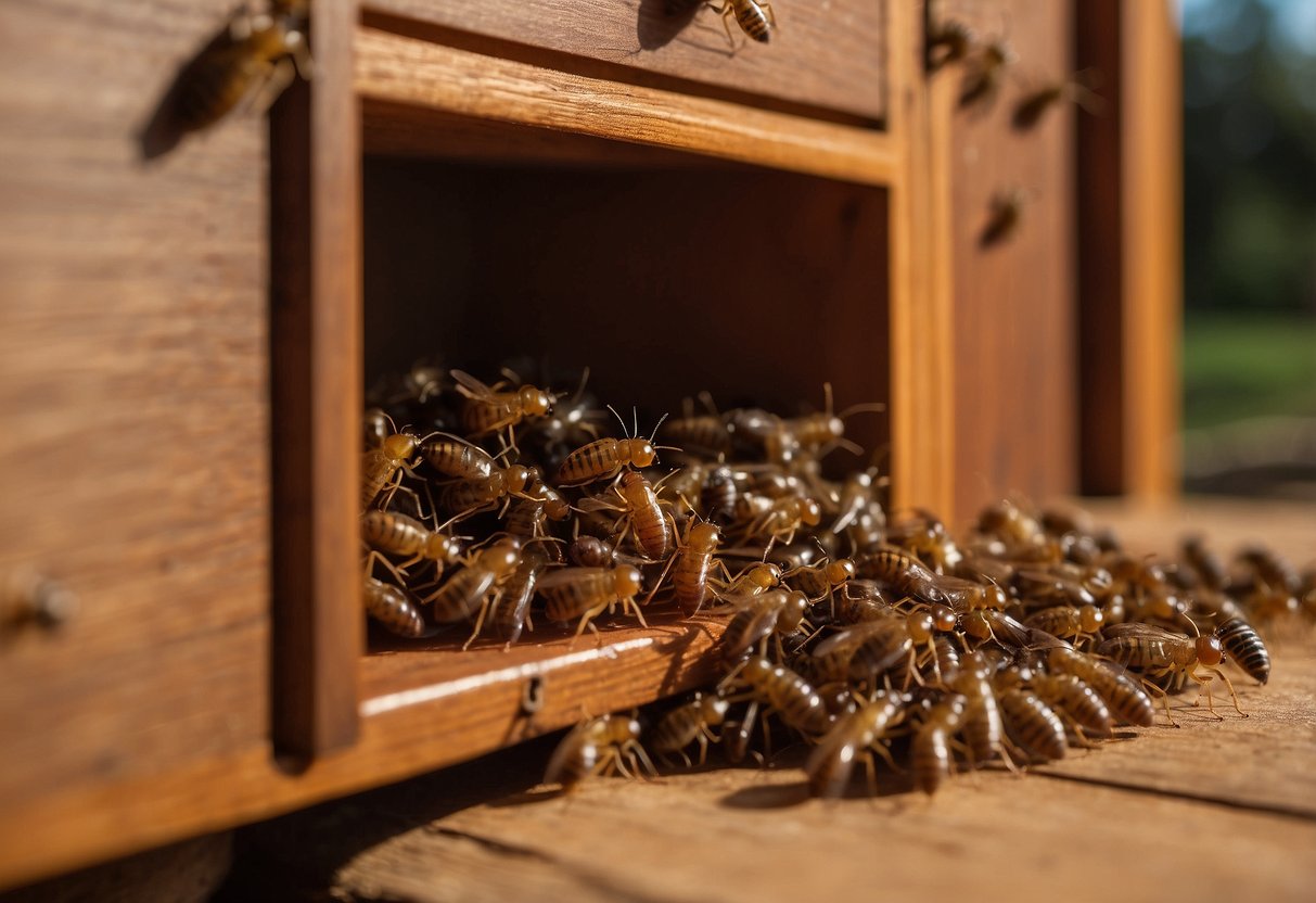 Termites swarm inside a wooden cabinet, chewing through the interior, leaving behind a trail of destruction