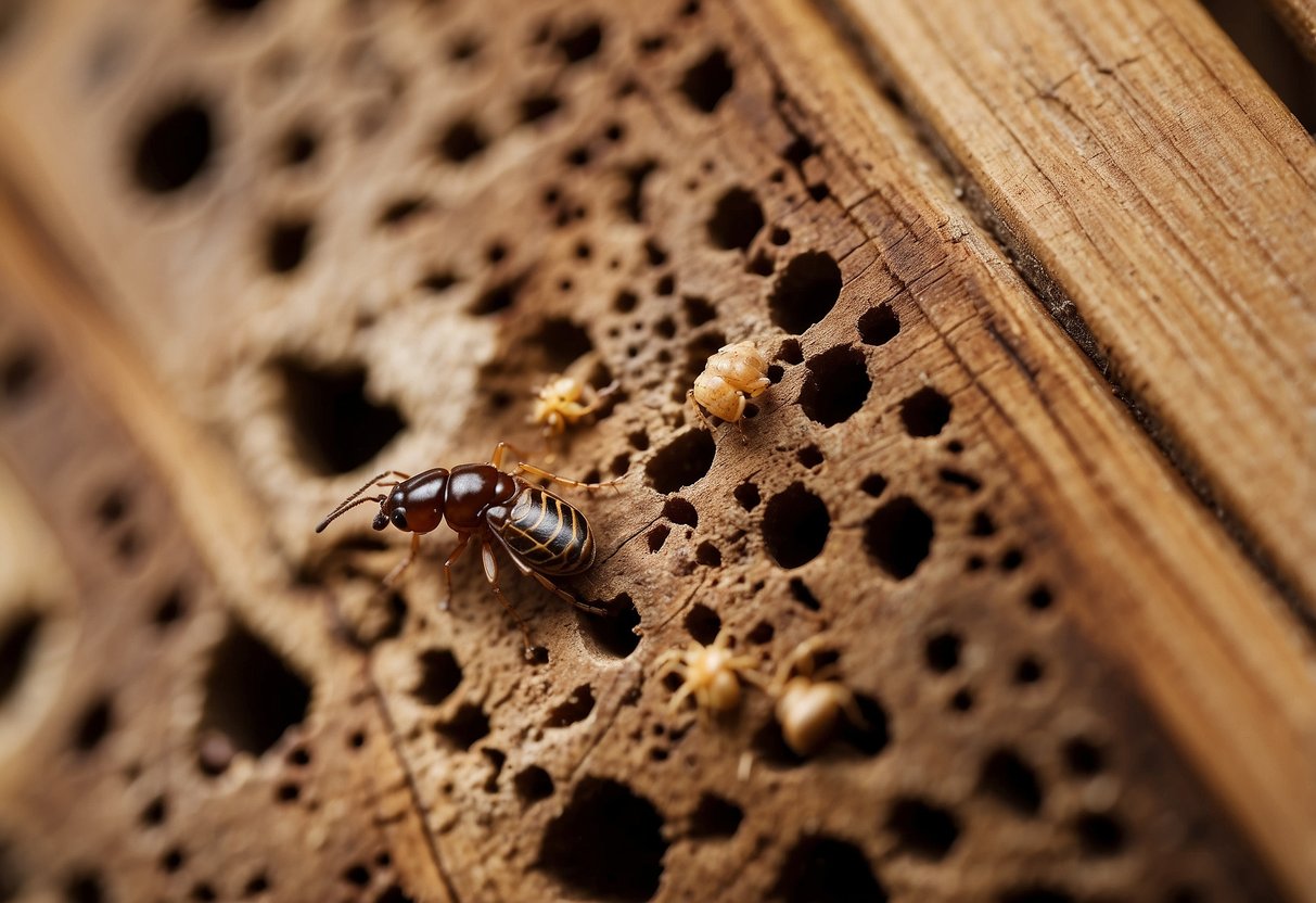 Termites infesting wooden furniture, causing damage and destruction