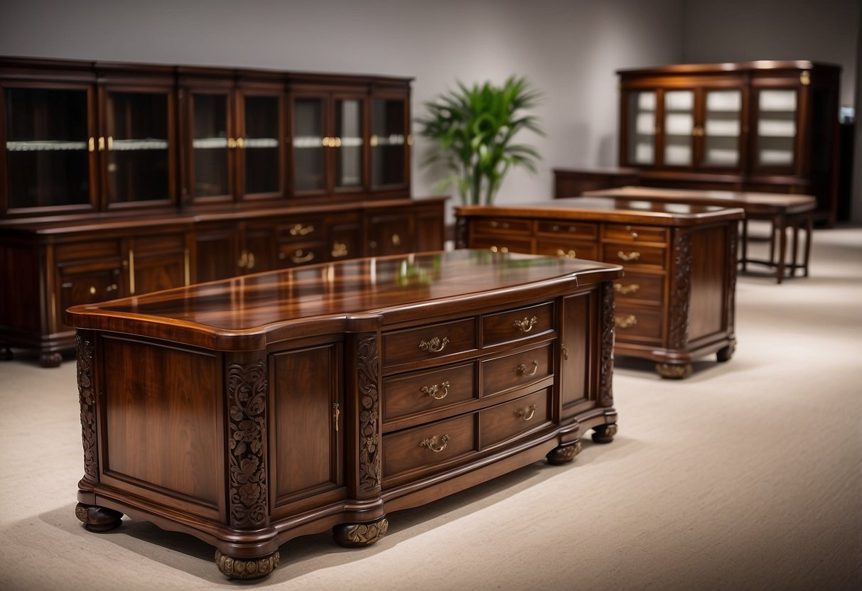 A showroom displays various rosewood furniture pieces for sale. Rich, dark wood and intricate designs catch the eye