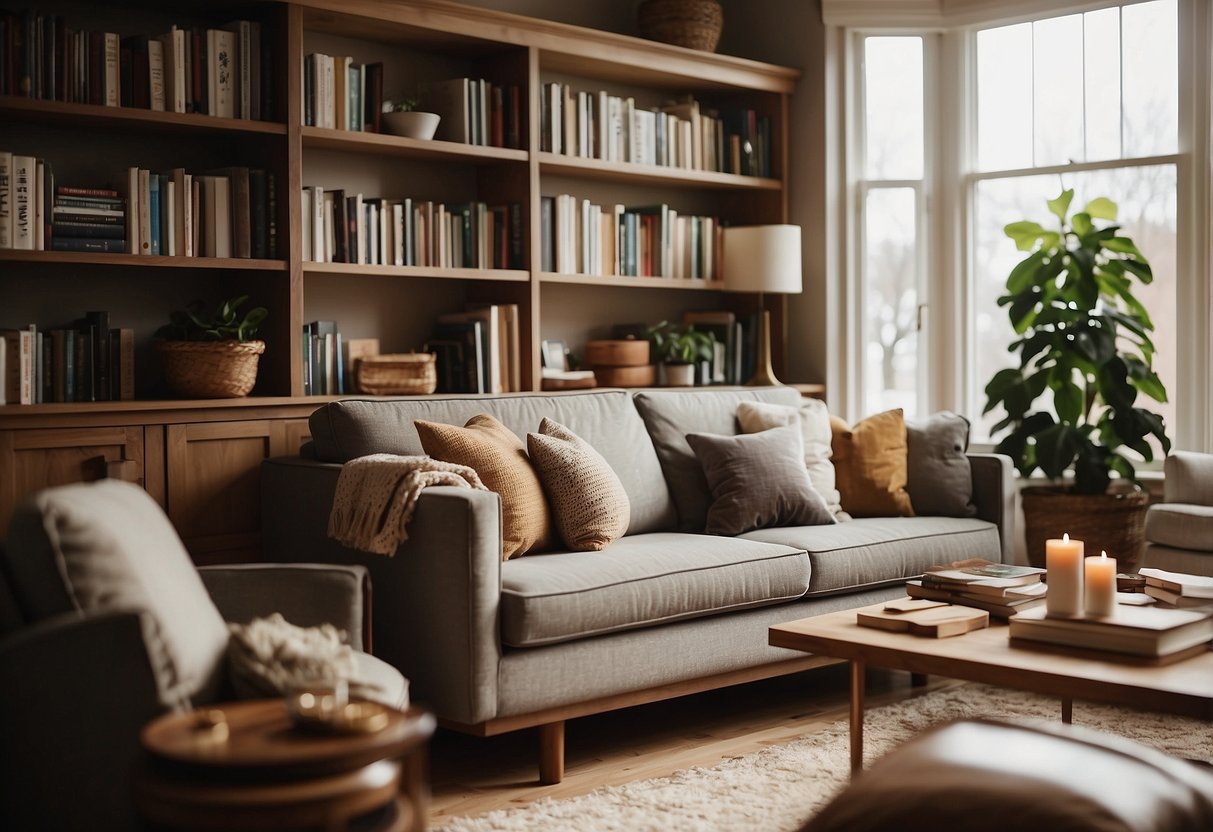 A cozy living room with a large, comfortable couch, a coffee table, and a bookshelf filled with books and decorative items. The room is bathed in warm, natural light from a large window