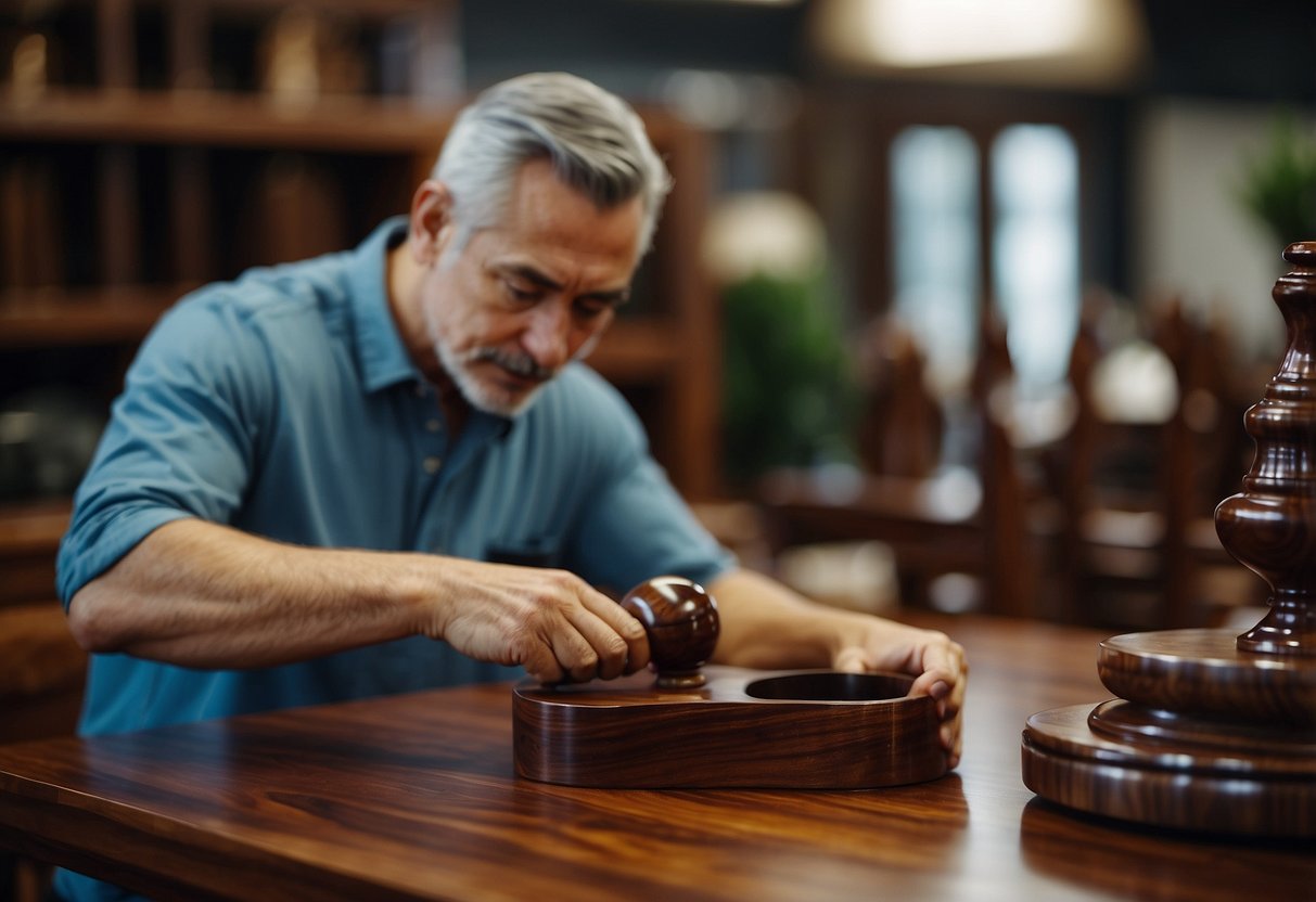 A person carefully selects and purchases a beautiful rosewood furniture piece. They then gently polish and clean the wood to maintain its natural beauty