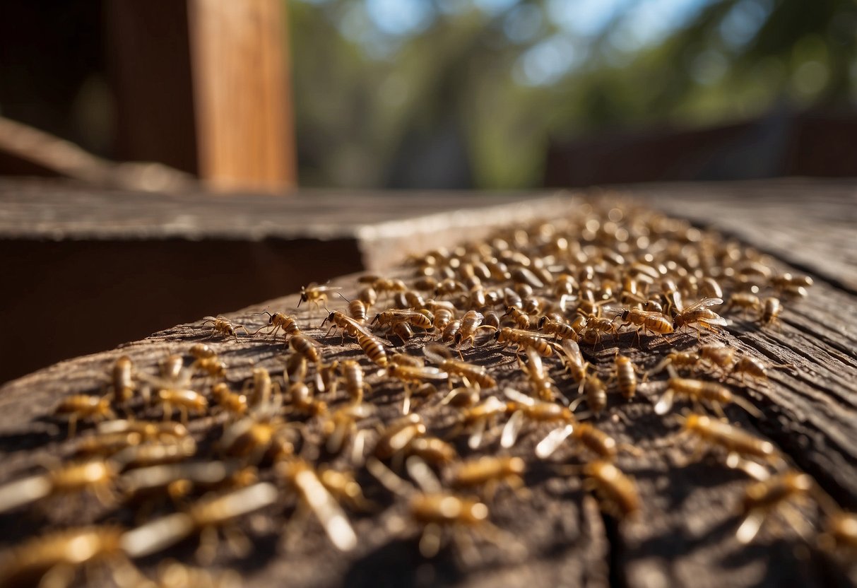 A swarm of termites infesting a wooden chair, with debris and sawdust scattered around the damaged furniture
