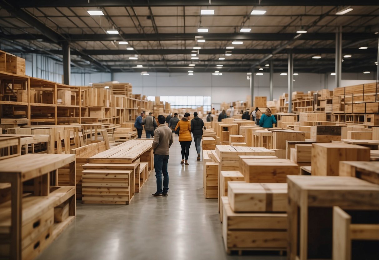 Customers browsing through rows of wholesale wood furniture in a spacious warehouse showroom