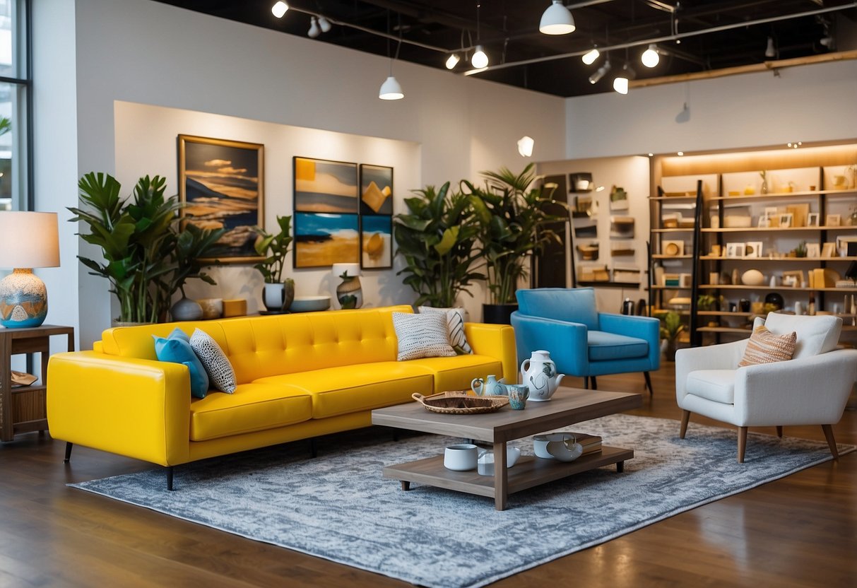 A colorful showroom displays Zak's Furniture services and offers with vibrant signage and inviting furniture arrangements