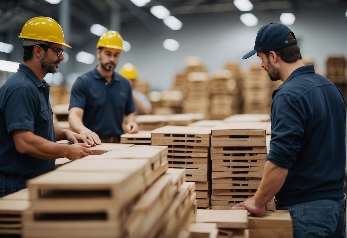 A warehouse filled with stacks of wooden furniture, workers packaging and labeling items for shipment, a sales team negotiating deals with potential buyers