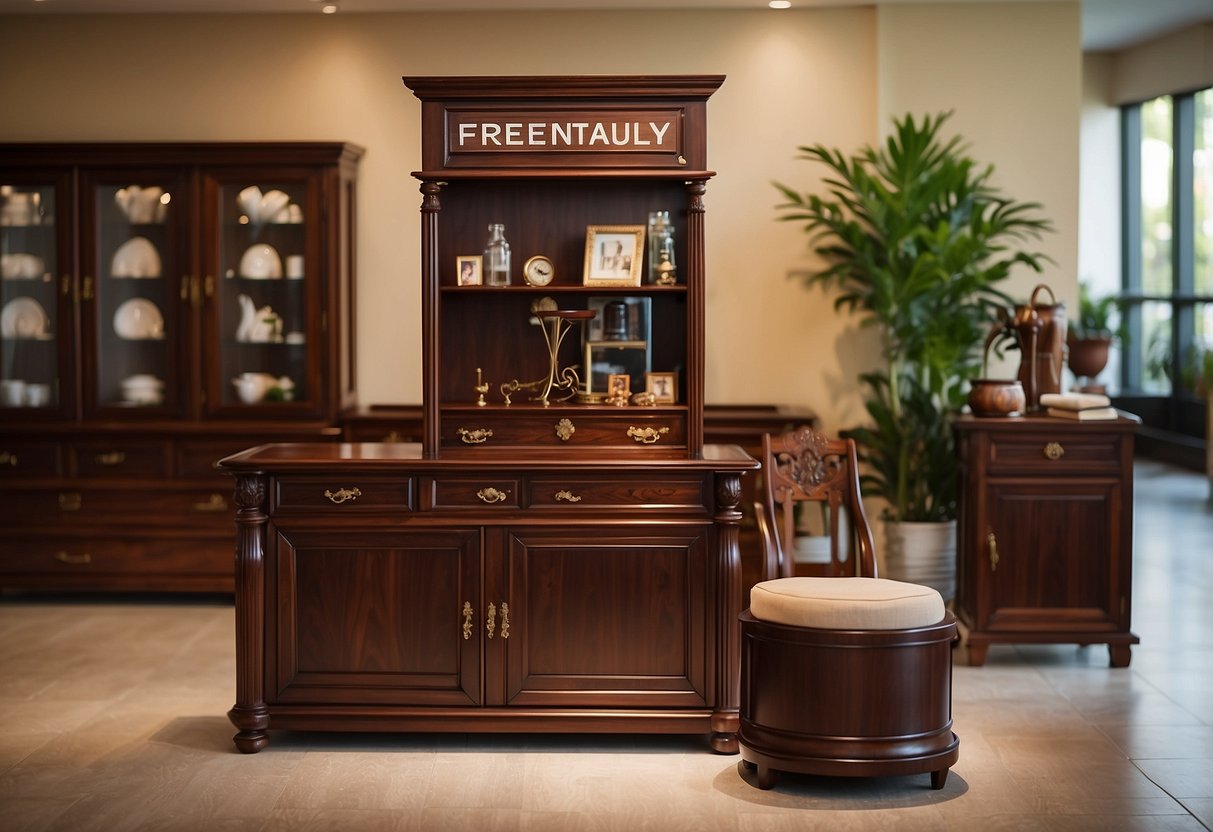 A display of rosewood furniture with a "Frequently Asked Questions" sign. Items are neatly arranged and well-lit, showcasing the quality and craftsmanship of the pieces