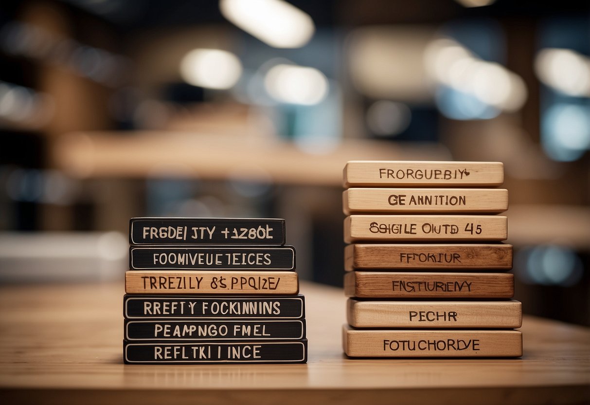A stack of wooden furniture pieces with a "Frequently Asked Questions" sign on a table in a showroom