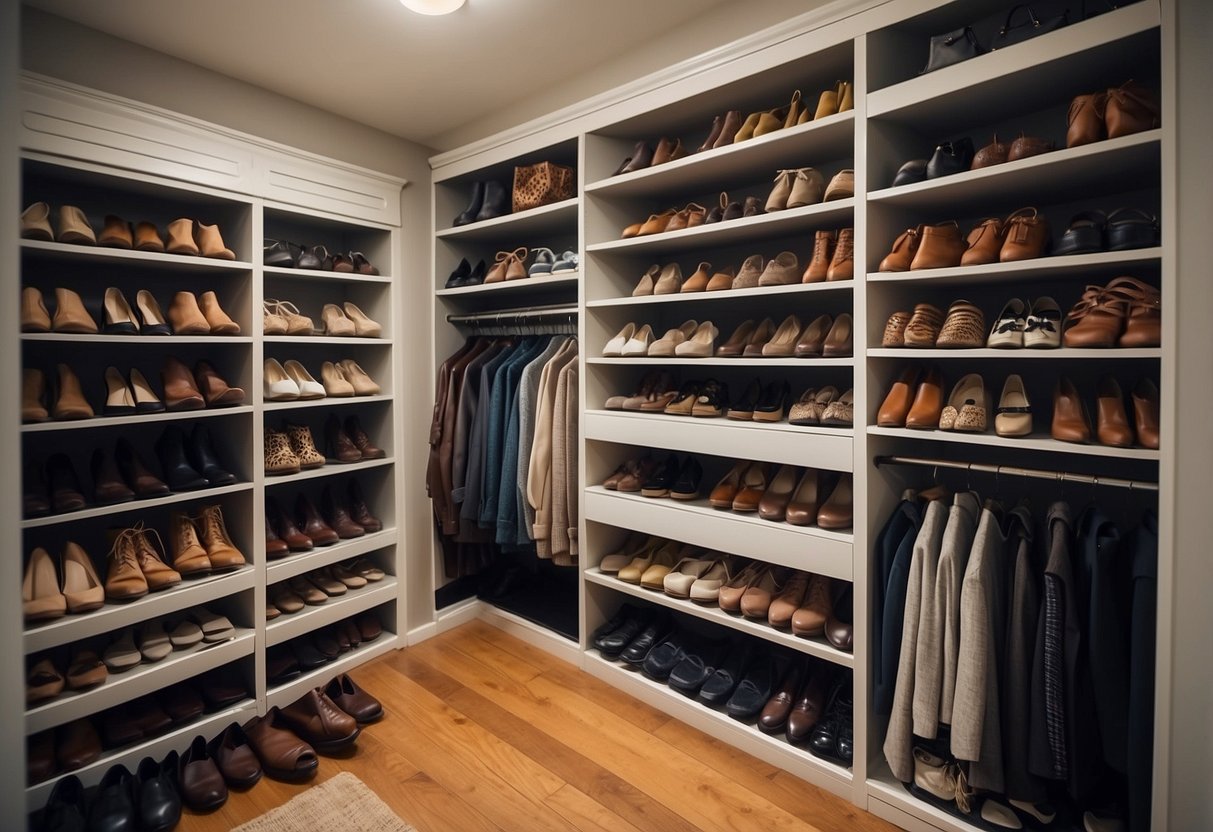 A small closet with neatly organized shelves, hanging rods, and storage bins. Shoes are neatly lined up on the floor, and there are hooks for bags and accessories. The space is efficiently utilized with clever storage solutions