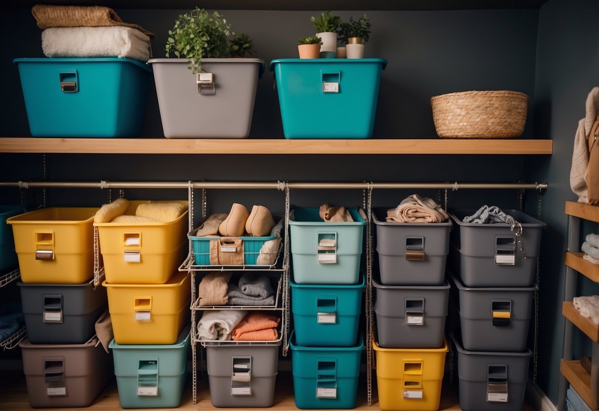 A small closet packed with seasonal storage solutions. Colorful bins, hanging organizers, and shelves maximize space