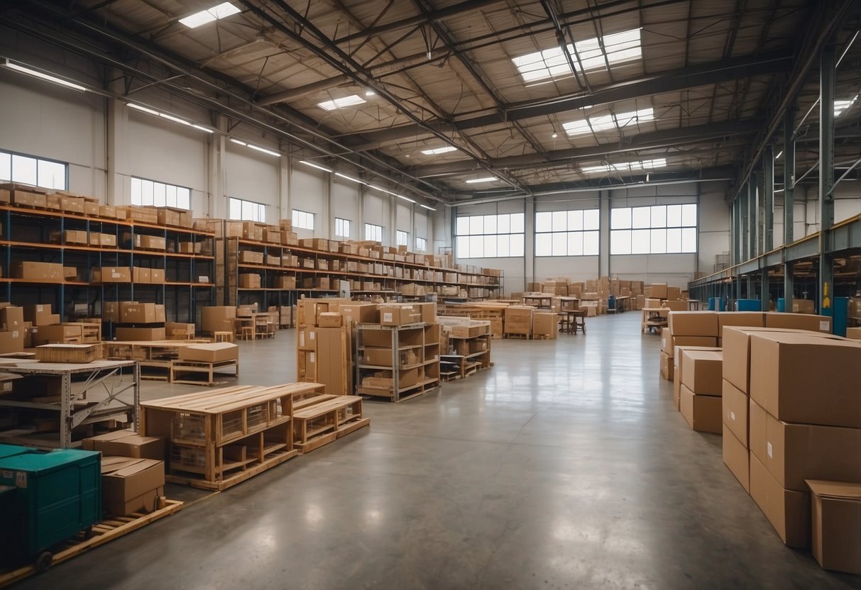 A spacious warehouse filled with rows of stacked furniture and shelves of home decor items. The space is well-lit, with high ceilings and concrete floors