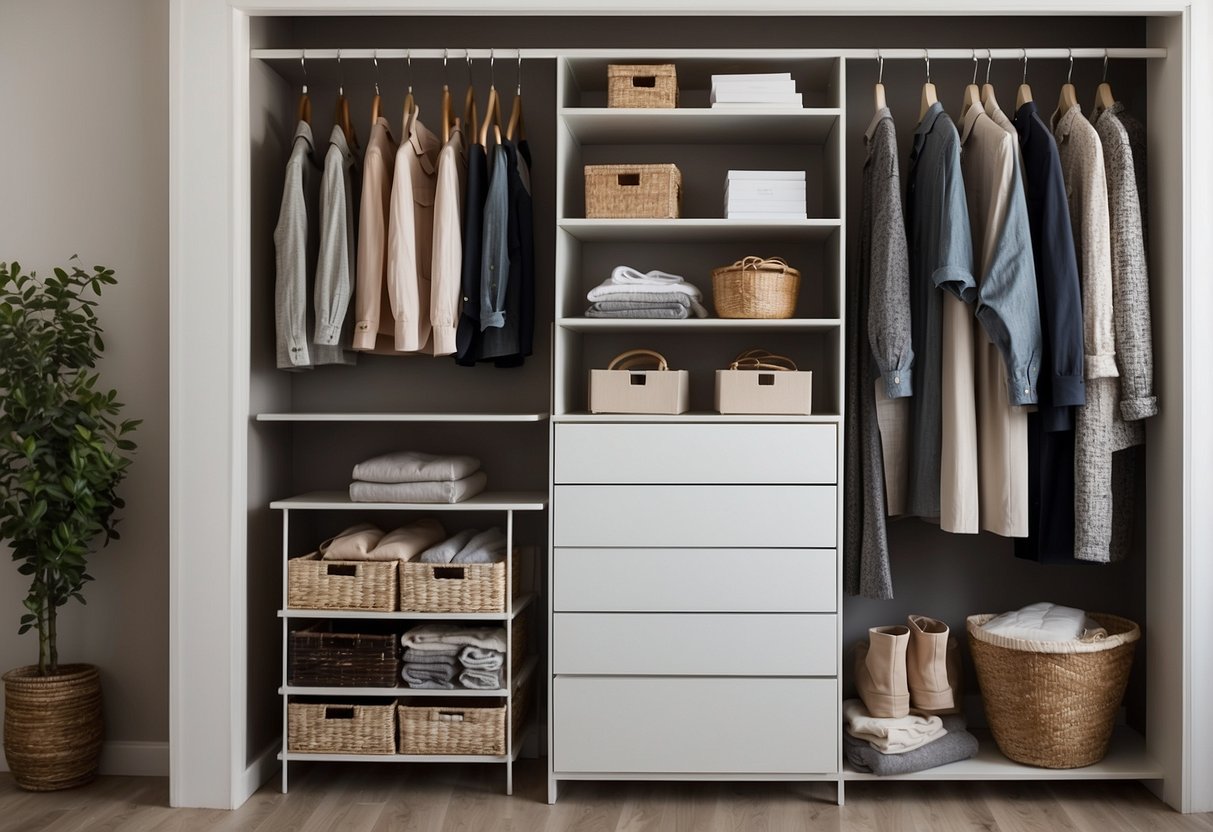 A small closet with shelves, drawers, and hanging rods. Utilize vertical space with hooks and organizers. Use light colors and mirrors to create a sense of openness