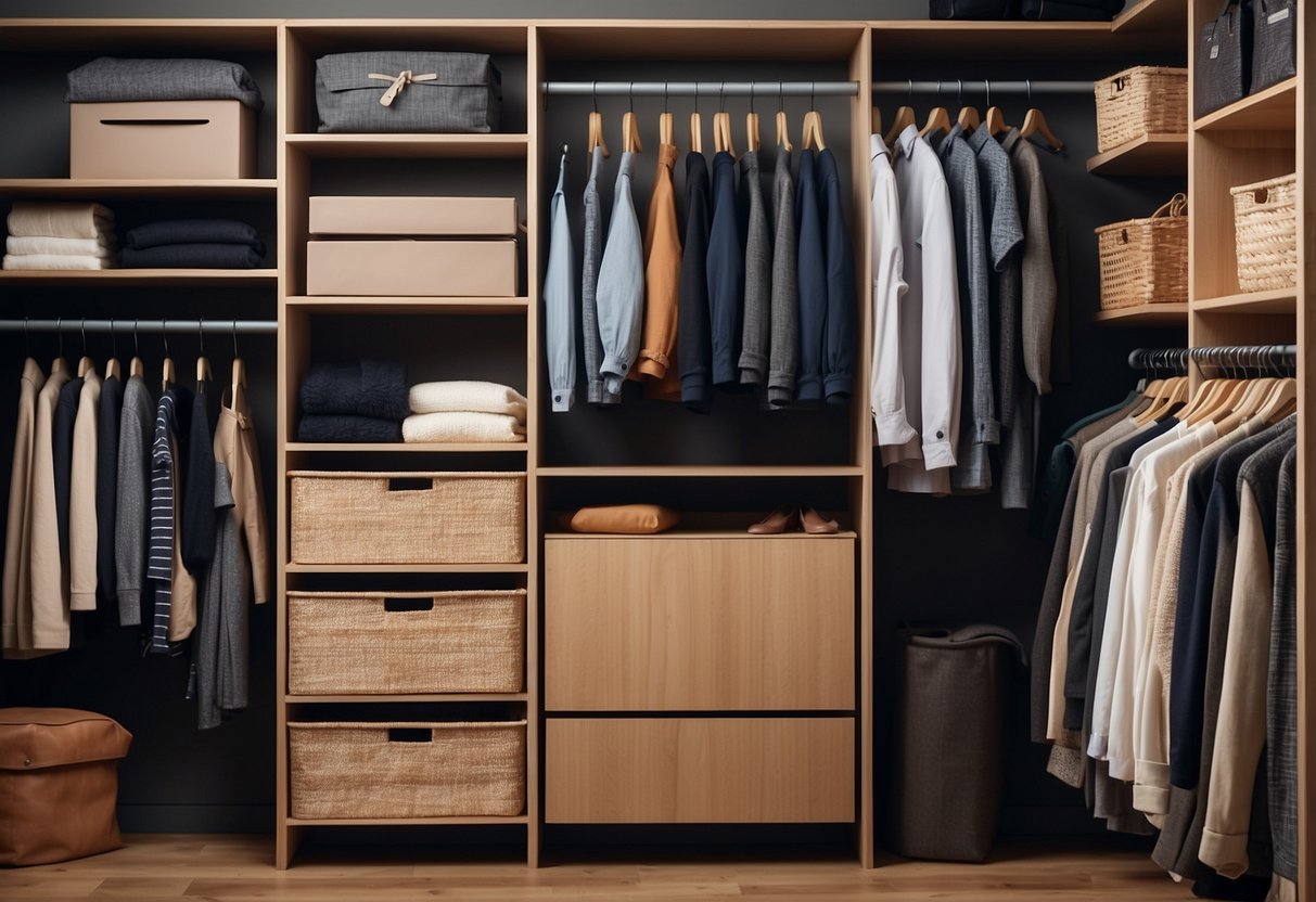 A neatly organized closet with shelves, bins, and hanging organizers maximizing space