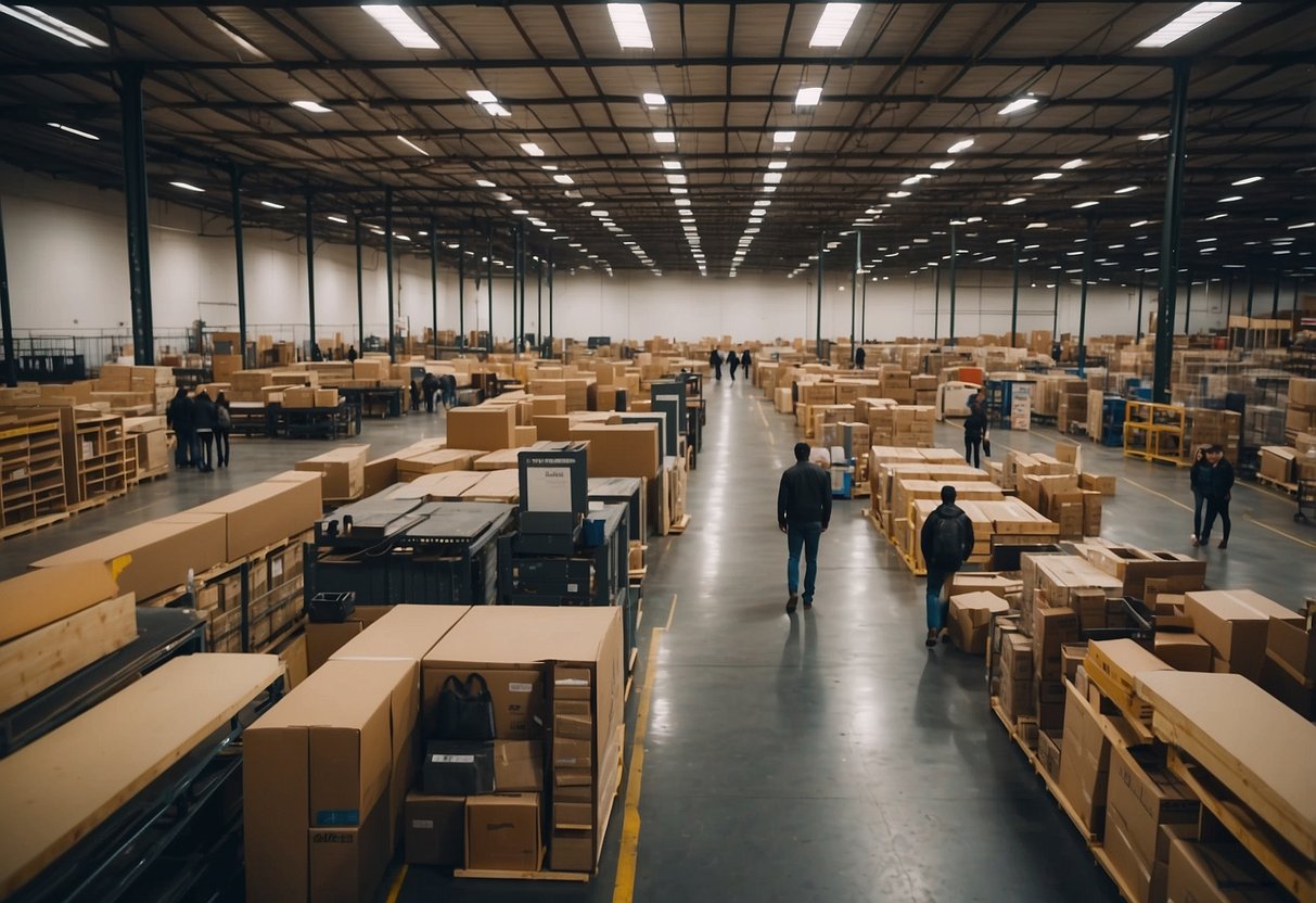 Customers browsing through aisles of furniture, examining various products and designs in a spacious warehouse