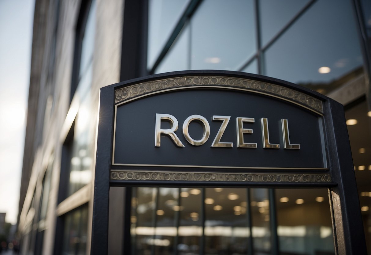 A storefront sign reads "Rozel Furniture" with a sleek, modern building in the background. The address is clearly displayed below the company name