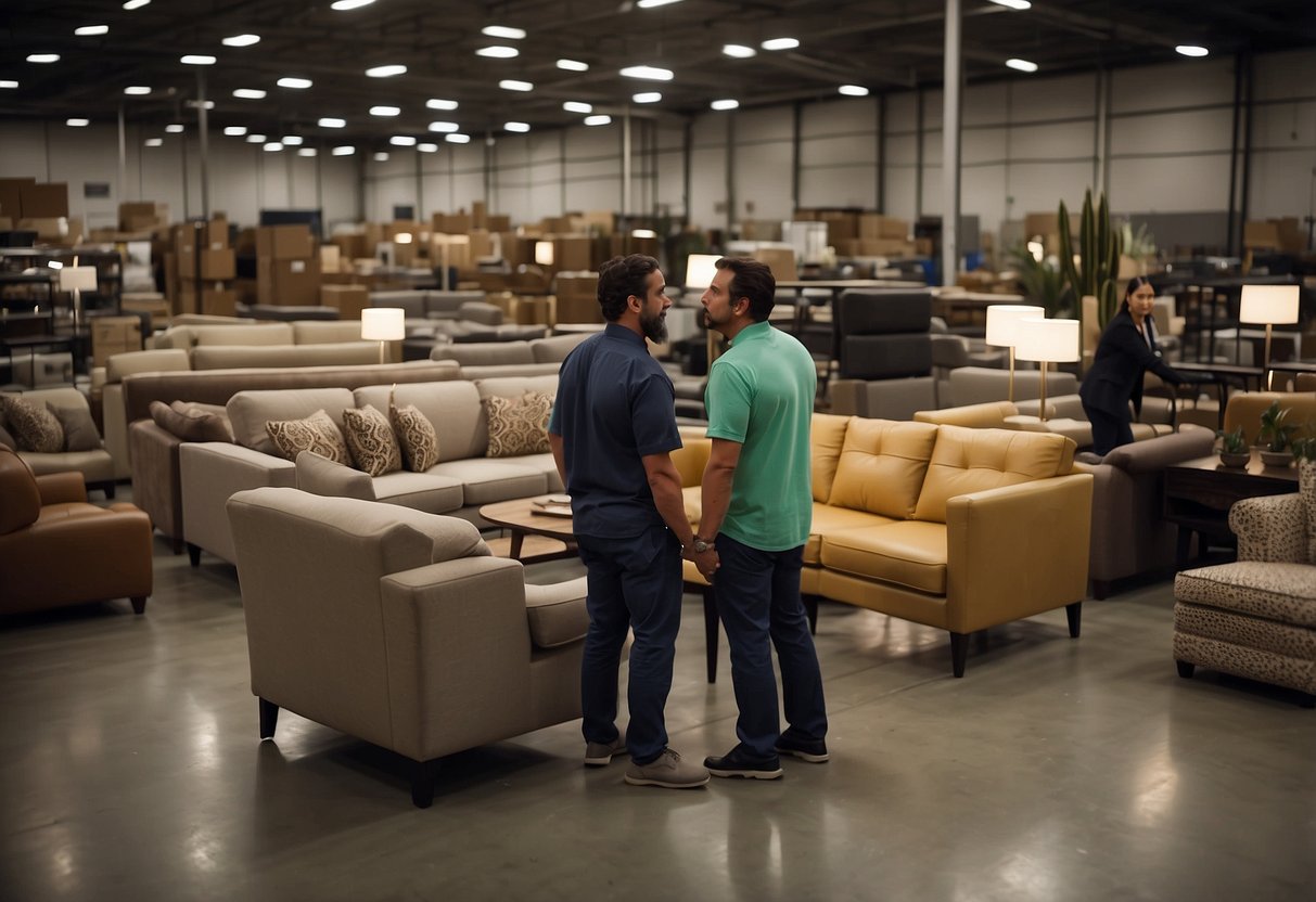 Customers browse through aisles of furniture, inspecting sofas and tables. A salesperson assists a couple with a large sectional. The warehouse is bustling with activity